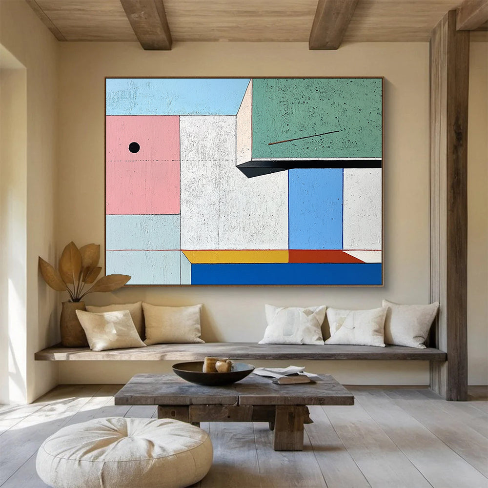 “Geometric Color Blocks” - Pink, Green, Blue, Cubist Geometric Painting On Canvas HB0707