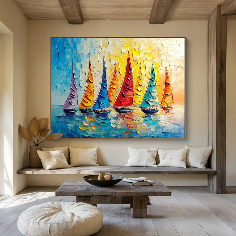 “Rainbow Sailboat Regatta” - Vivid Purples, Oranges, Blues, Colorful Sailboats - Impasto Oil Painting HB1735