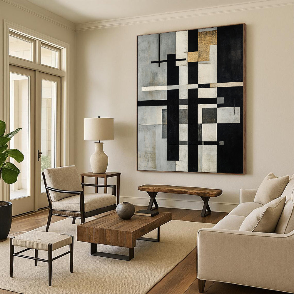 Gray, White, Black, Gold with Intersecting Lines "Structured Harmony" Abstract Painting On Canvas HB012