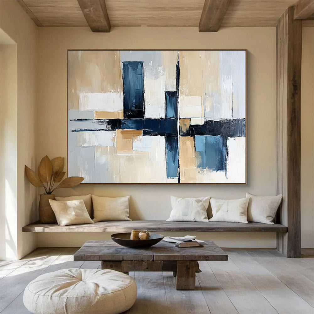“Blue and Beige Geometric Abstract” - Blue, beige, gray, white; Geometric abstract with a cross design; Acrylic Painting On Canvas HB1262