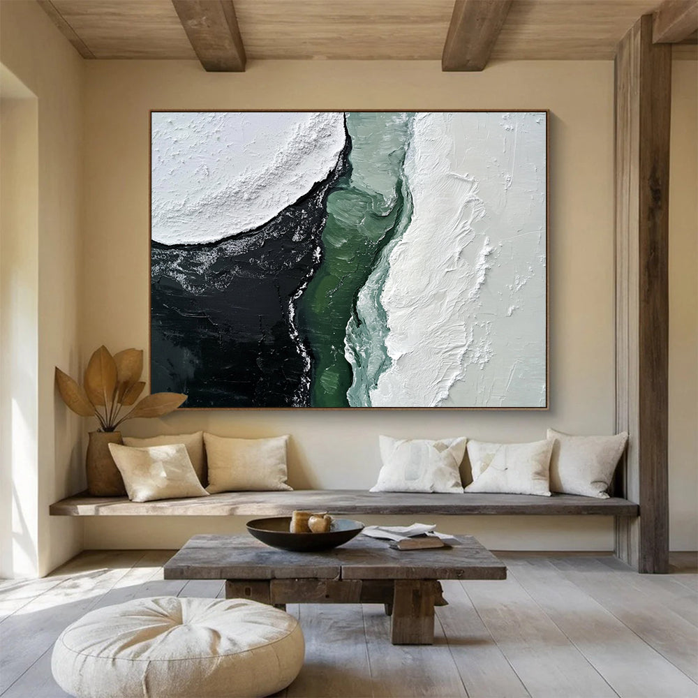 “Contrast of Textured Shapes” - White, Black, Green, Textured Abstract Painting On Canvas HB0732