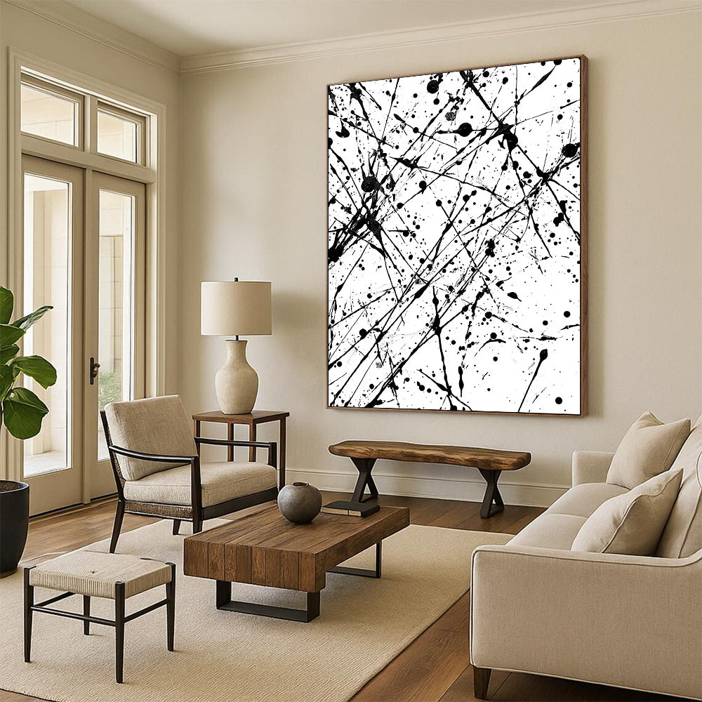 Black and White Splattered Lines "Chaotic Energy" Painting On Canvas HB251