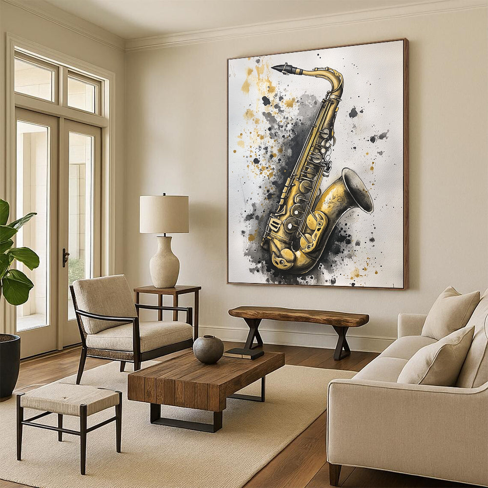 Contemporary hand-painted abstract artwork featuring an old saxophone in gold and silver hues against a soft gray background, creating striking contrast and depth. DLZ1507