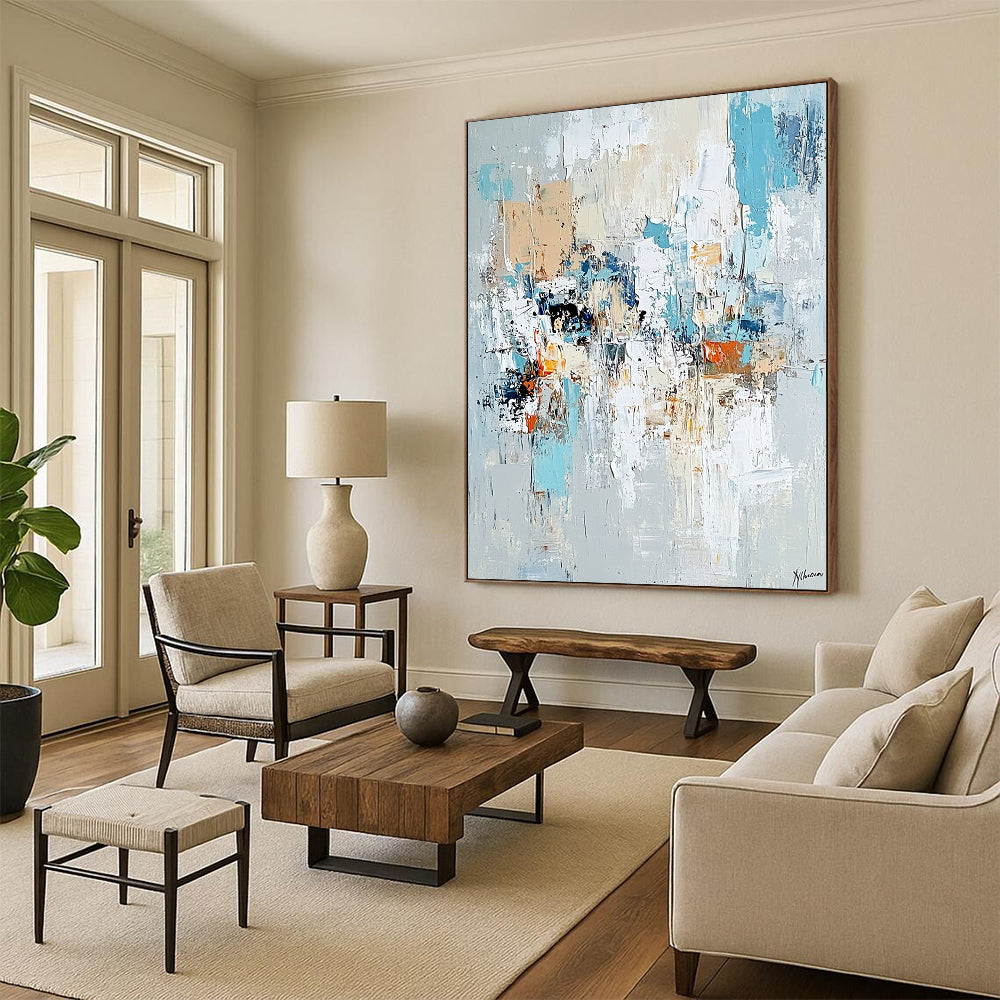 Contemporary hand-painted abstract art featuring chaotic figures with loose gestural lines pale aquamarine and rust tones on a light gray background. DLZ0980