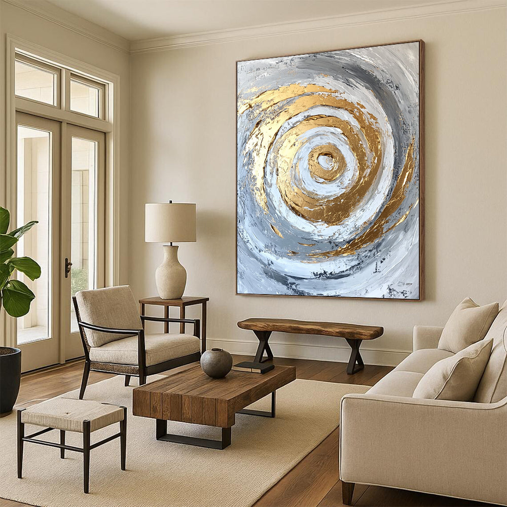 Contemporary abstract artwork features gold accents on a textured white and grey background with bold brush strokes and palette knife techniques. DLZ0808