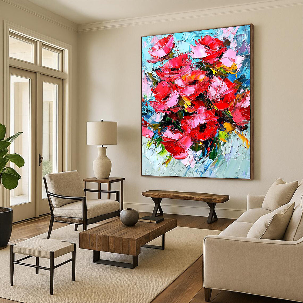 Bold contemporary abstract art featuring vibrant red roses with dynamic impasto texture and energetic brushstrokes for a striking visual impact. DLZ1158