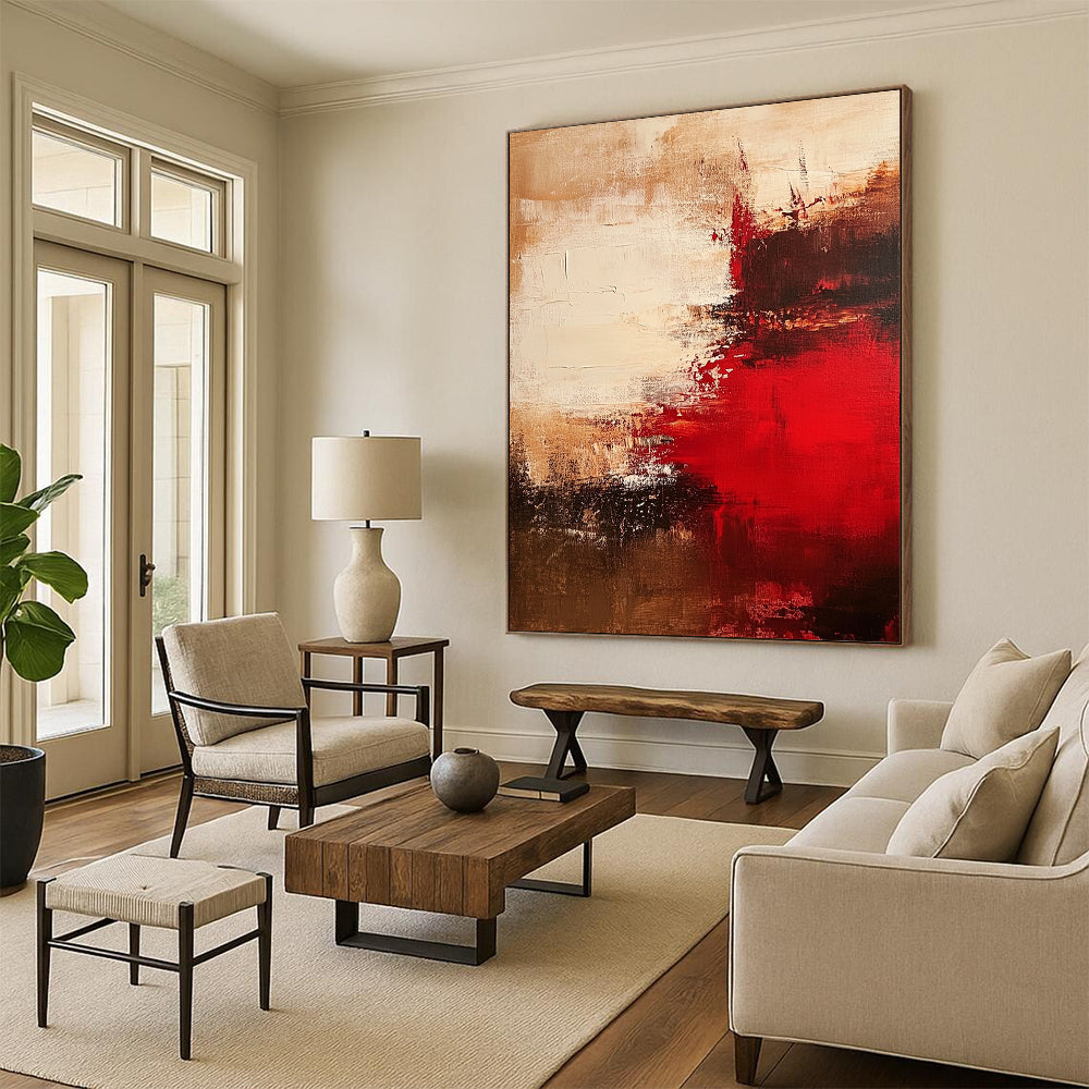 Contemporary hand-painted abstract art featuring rich red beige and brown tones ideal for modern decor. DLZ0764