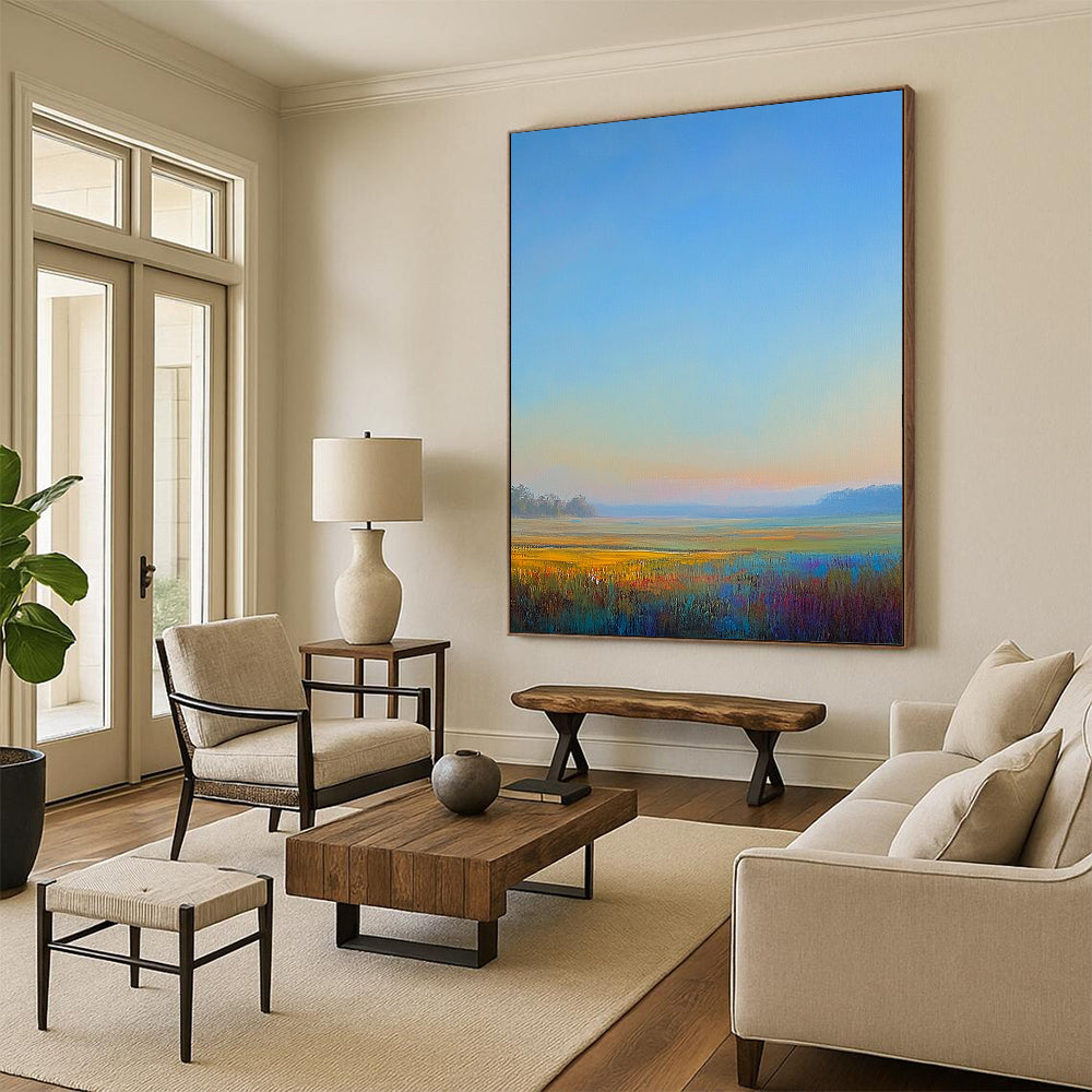 Contemporary hand-painted abstract artwork captures tranquil morning light over a serene landscape with soft hues of blue green pink and yellow. DLZ1488
