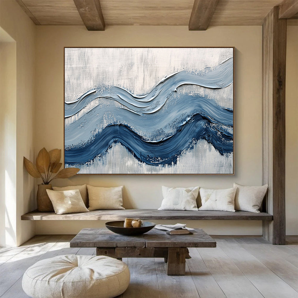 Textured Blue Waves on Gray - Impasto Abstract Painting On Canvas HB0490