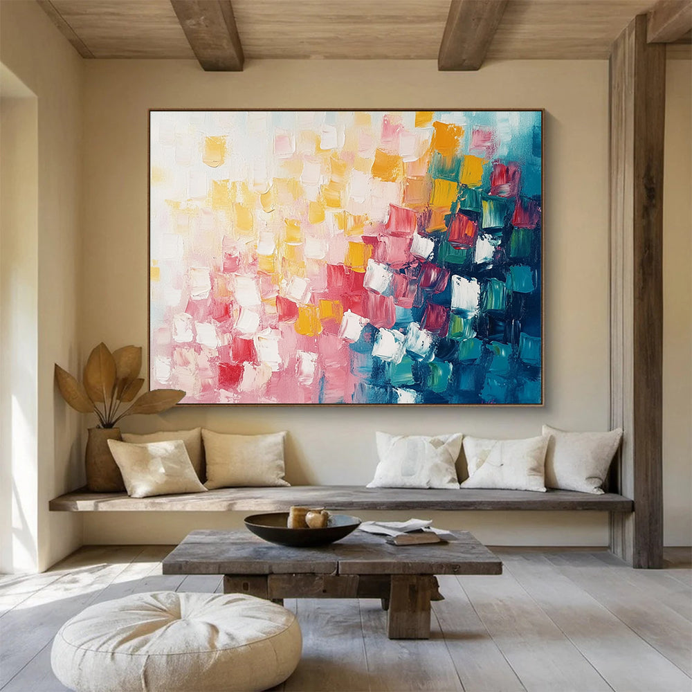 “Dynamic Square Composition” - Pink, Red, Yellow, Blue, White - Energetic Square Abstract - Acrylic Painting HB1321