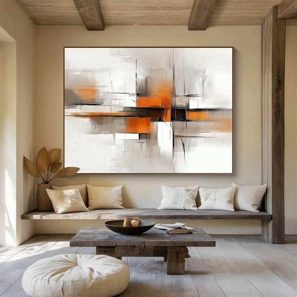 “Geometric Abstract in Gray and Orange” - Gray, orange, white, black; Geometric abstract with lines and blocks; Acrylic Painting On Canvas HB1219