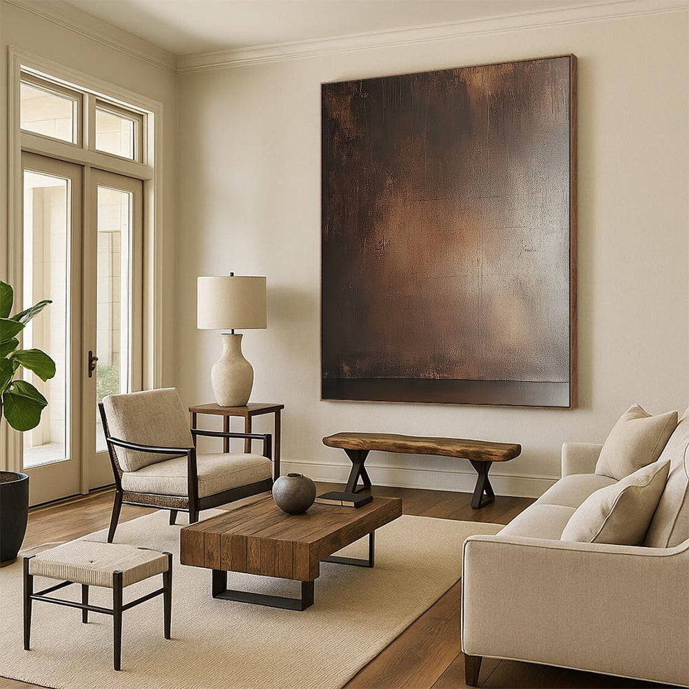 Contemporary abstract painting featuring a textured brown wall with subtle sheen and earthy tones enhancing a moody atmosphere. DLZ1690