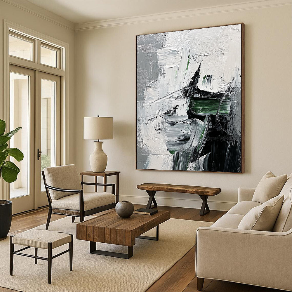 Contemporary abstract painting showcasing impasto textures with green strokes on a monochrome grey and black backdrop featuring a hint of fur detail. DLZ0748
