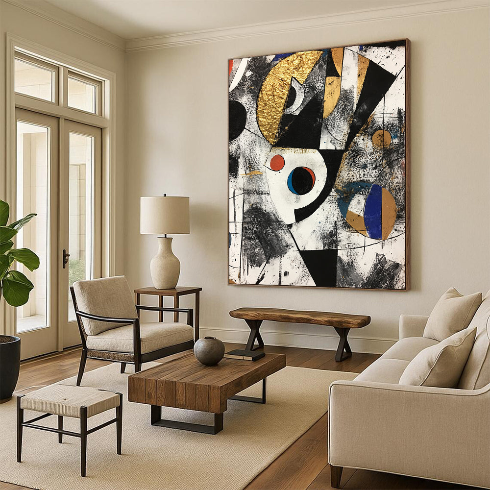 Black, White, Gold, Red and Blue Geometric Abstraction "Cosmic Collision" Painting On Canvas HB323