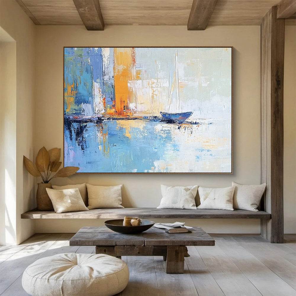 “Harbor Serenity” - Blues, oranges, yellows; Sailboat by abstract city harbor; Impasto Oil Painting On Canvas HB1176