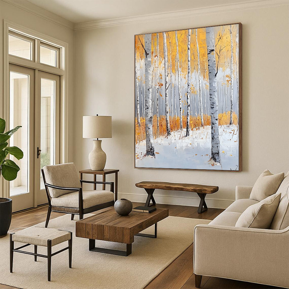 Large contemporary hand-painted abstract artwork featuring birch trees in light gray and amber, evoking tranquility with autumn foliage and snow. DLZ1103