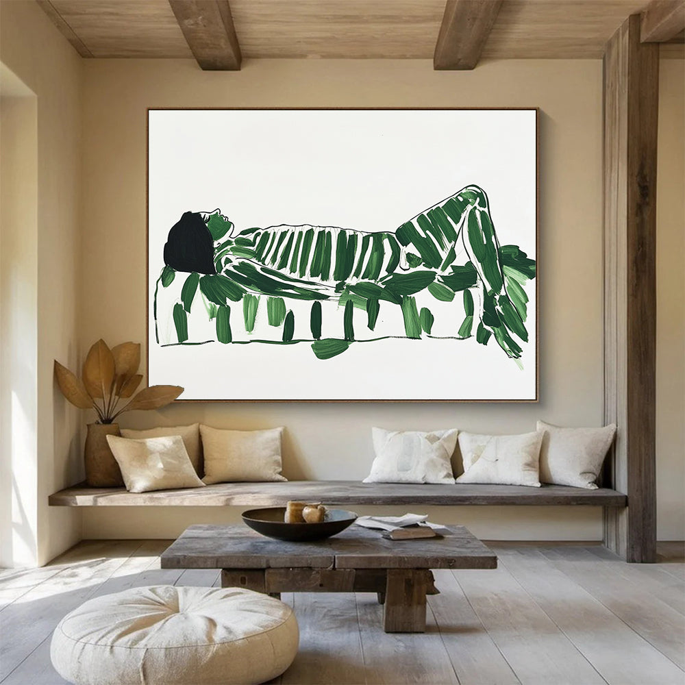 “Green - Leafed Figure” - Green leaves, black lines, Figurative Abstract Painting On Canvas HB0559