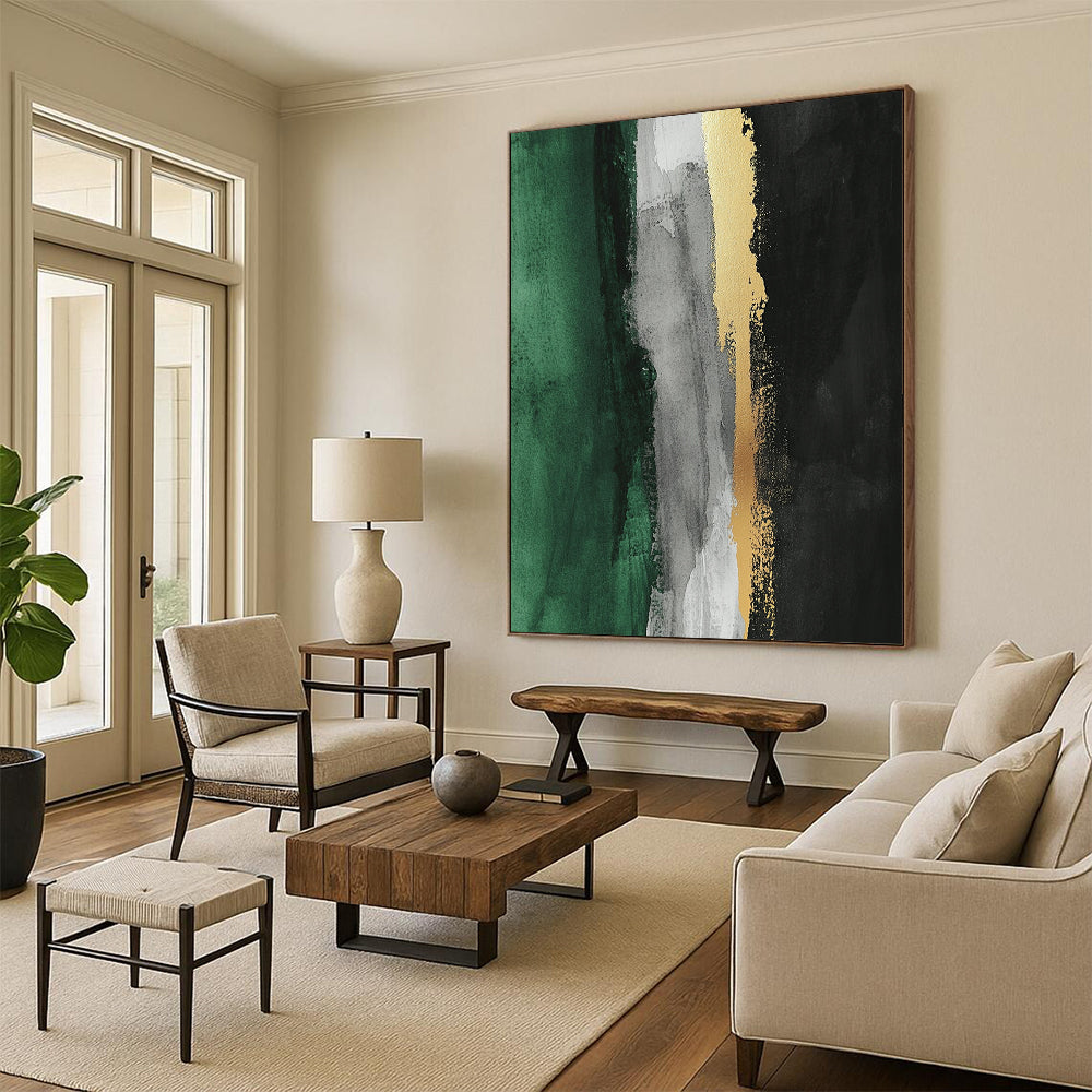 Contemporary abstract artwork featuring thick brush strokes gold leafing and a color palette of gray white black and green with a striking vertical yellow line. DLZ1630