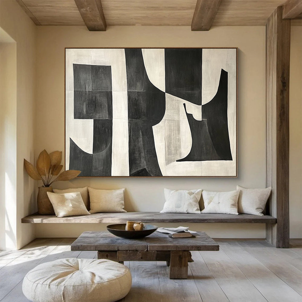 Black and White Geometric Abstract "Bold Shapes" Painting On Canvas HB0659