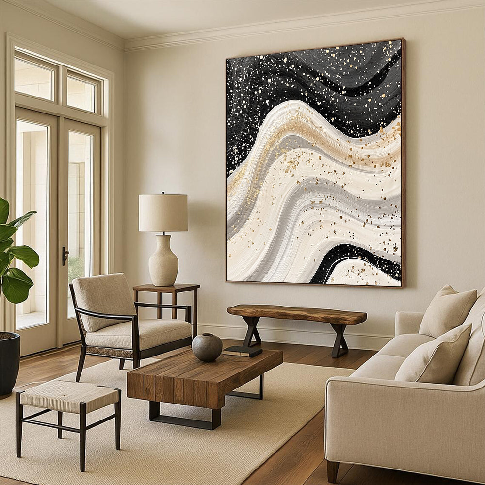 Black, White & Gold Swirling Waves - “Luxe Fluid Motion” Painting On Canvas HB210