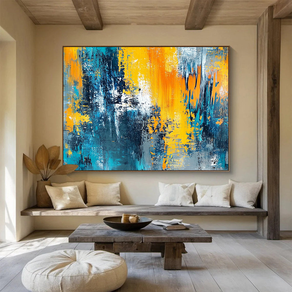 “Blue and Yellow Abstract Layers” - Blue, Yellow, Layered Textures Painting On Canvas HB0870
