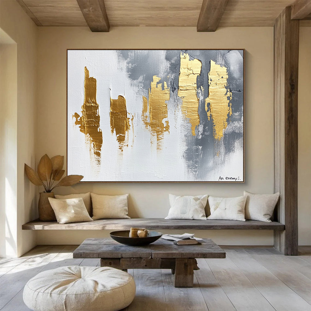 “Gray - Gold Strokes” - White, Gray, Gold with Bold Strokes - Abstract Acrylic Painting HB1339