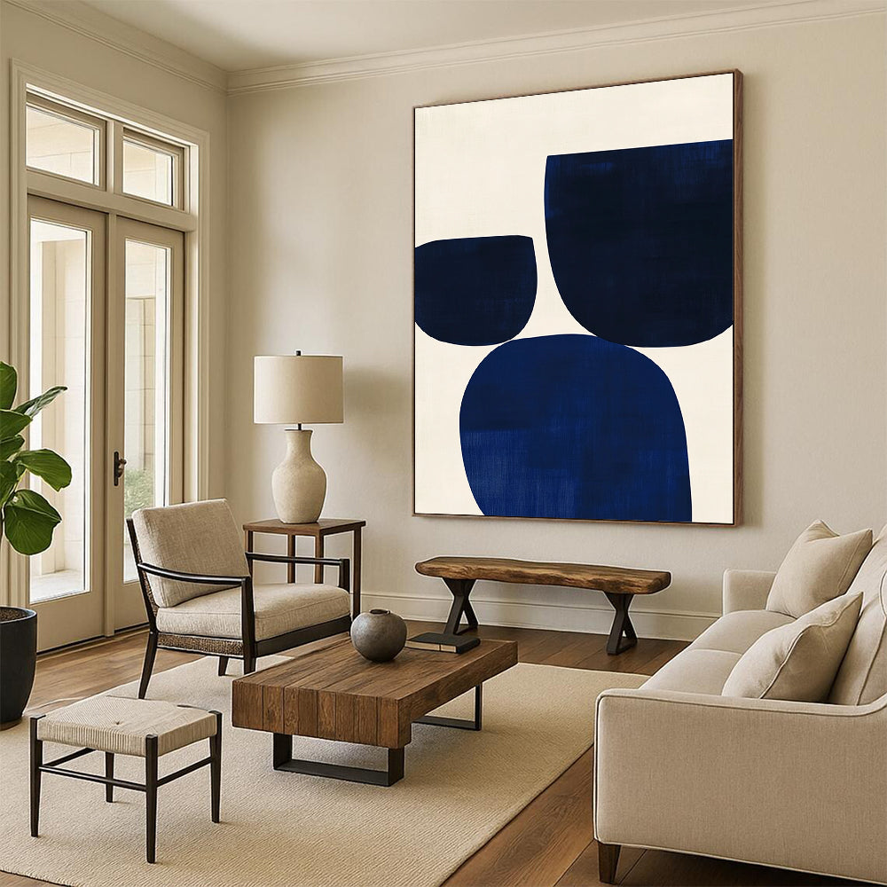 Contemporary hand-painted abstract artwork featuring minimalist Japandi style with blue and white simple shapes for a serene ambiance. DLZ1618