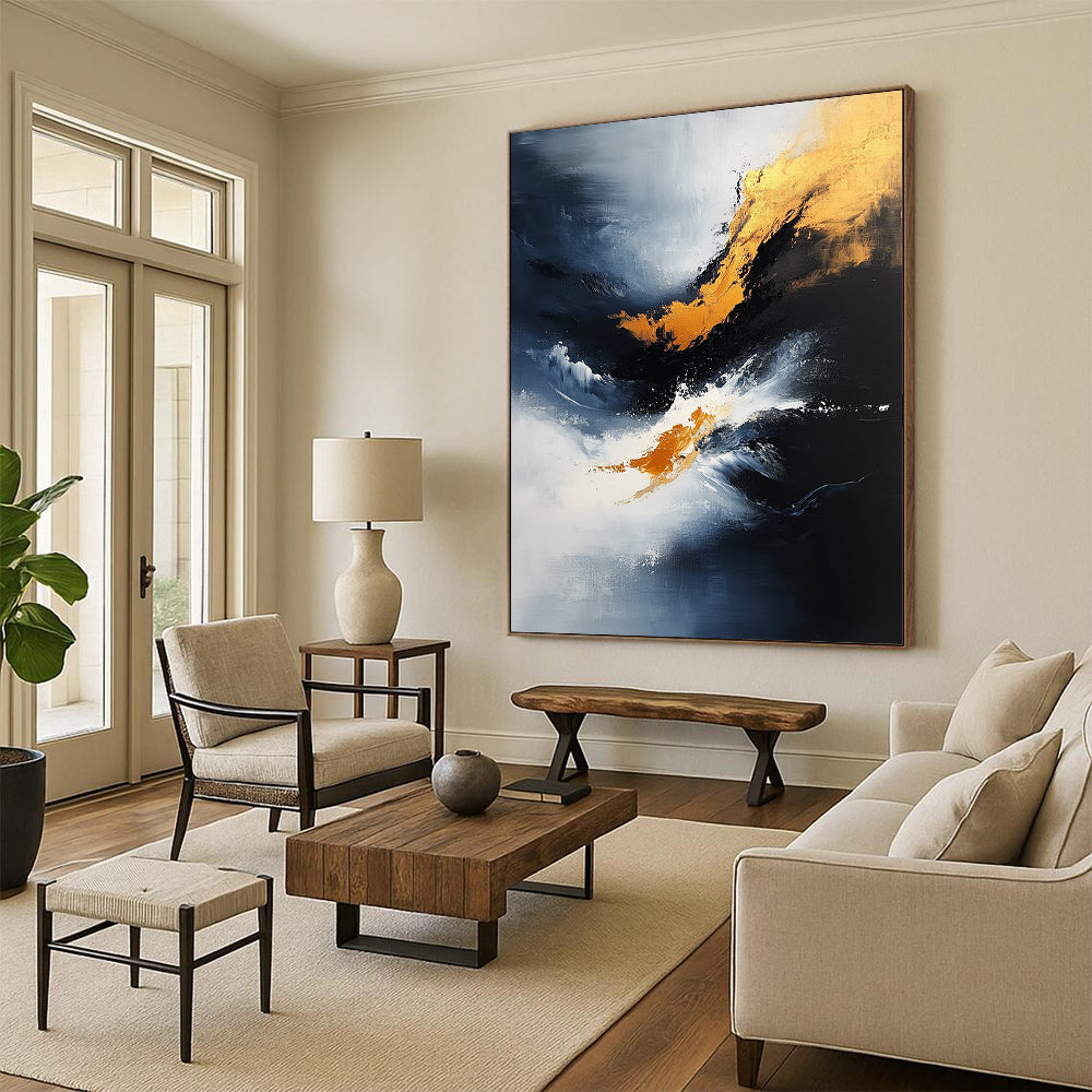 Contemporary abstract painting features dynamic brush strokes and atmospheric clouds in blue, black, and gold on textured canvas. DLZ0357