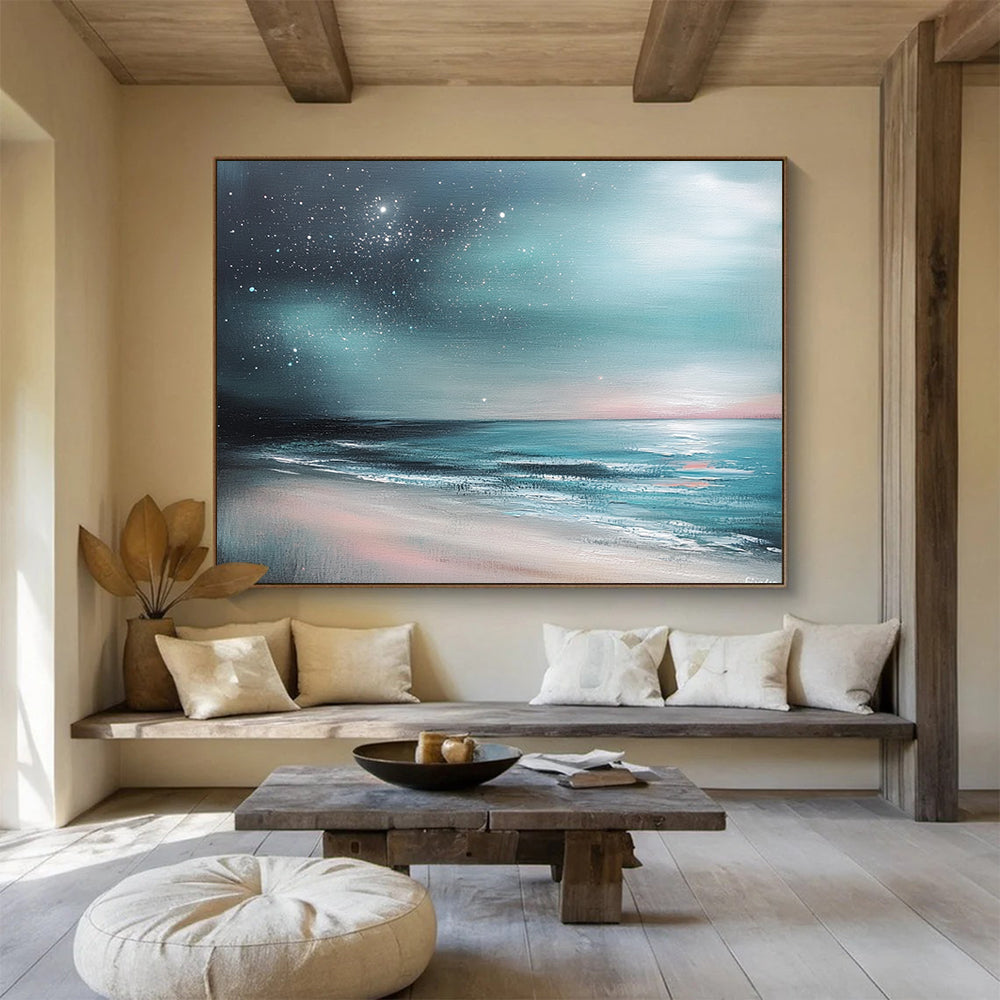 “Aurora Beach” - Teals, Pinks, Purples, Beach Under a Starry, Aurora - Like Sky - Impasto Oil Painting HB1742