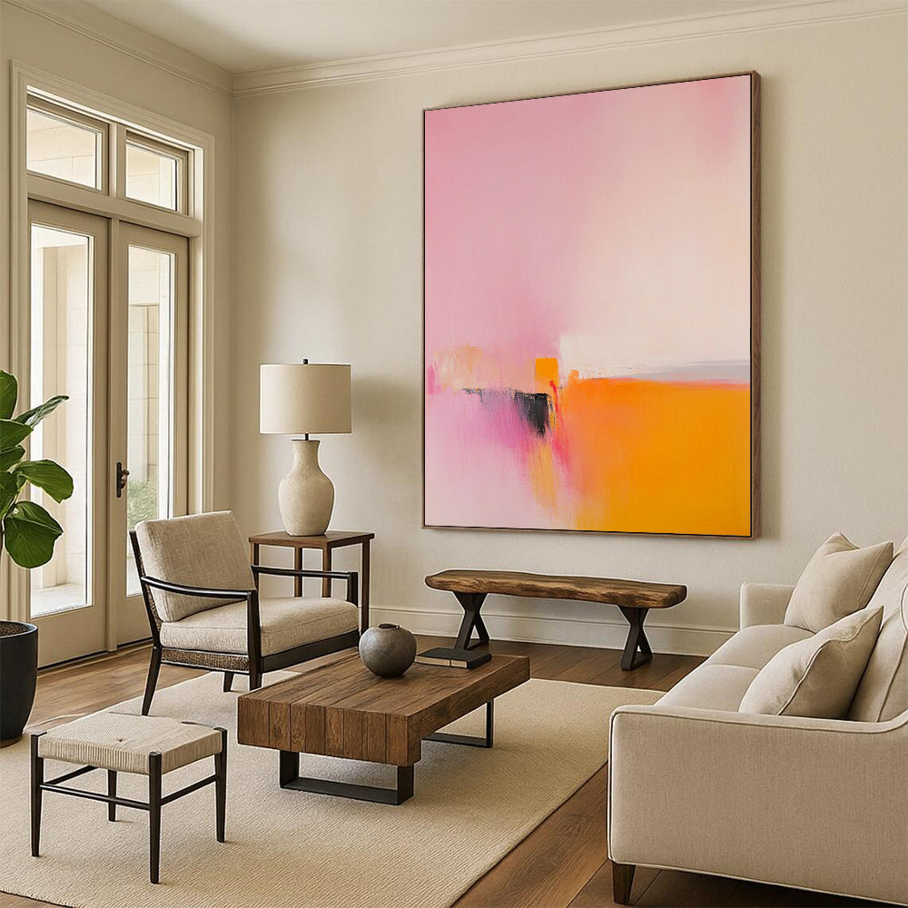 Contemporary abstract painting featuring muted pinks and yellows with soft oranges and minimalism showcasing an abstract dragon head under a vast sky. DLZ1657