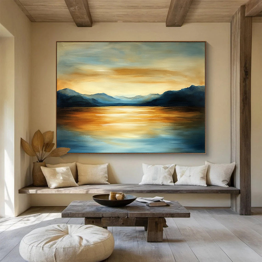 “Mountain Lake Sunset” - Blues, Oranges, Golds, Lake Surrounded by Mountains at Sunset - Acrylic Painting HB1608