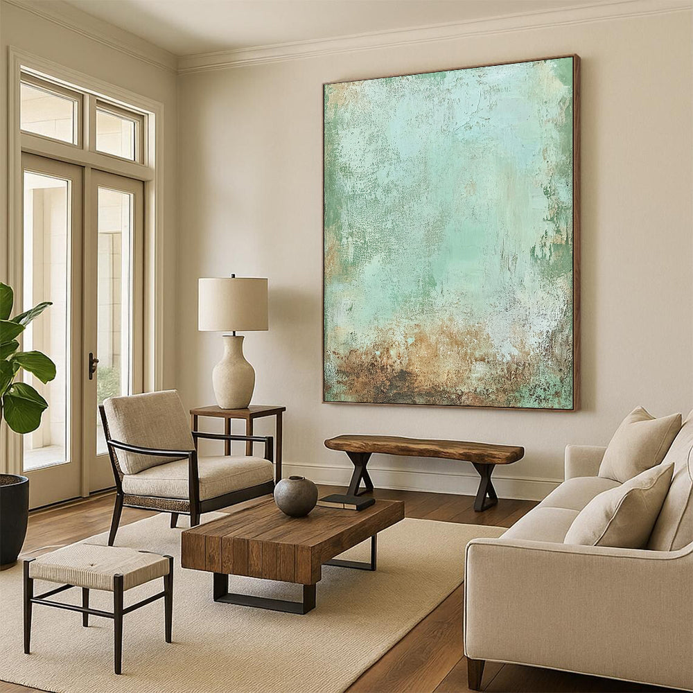Contemporary hand-painted abstract art featuring soft greens browns and pale blues with rusted metal textures for a rustic elegant backdrop. DLZ1478