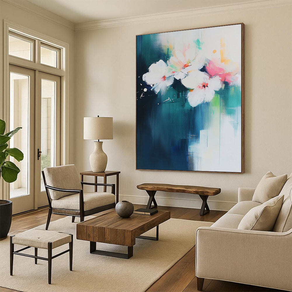 Contemporary abstract art featuring bold brush strokes on a white backdrop with aqua blue and pink floral accents. DLZ0750