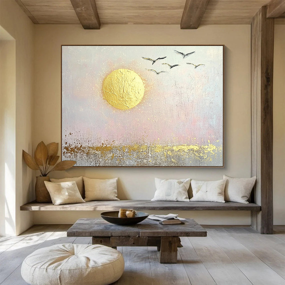 “Golden Sun and Birds” - Gold, pink, gray; Abstract sun and birds; Textured Acrylic Painting On Canvas HB1194