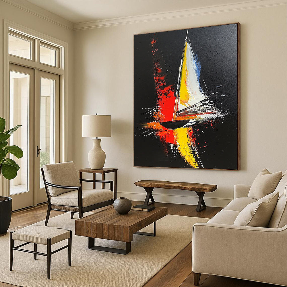 Contemporary hand-painted abstract artwork featuring a sailboat in bold red yellow and gray strokes against a striking black background with dynamic white highlights. DLZ1554