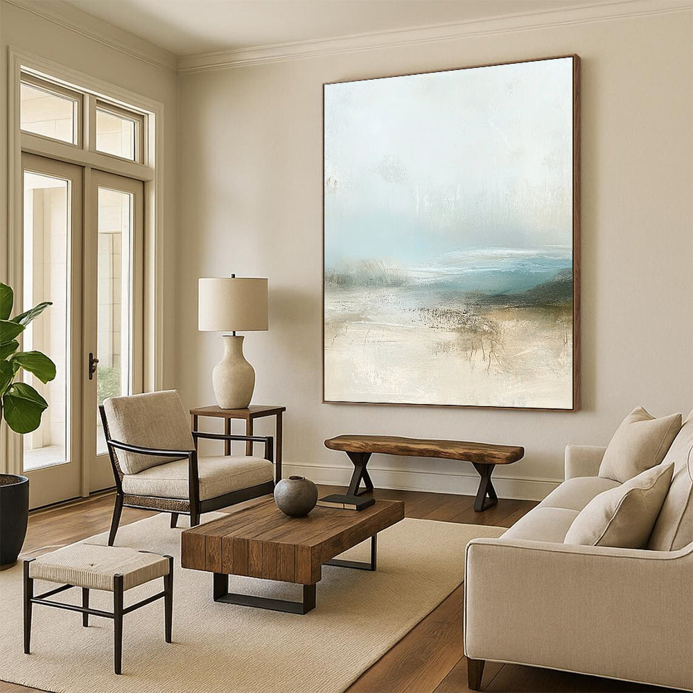 Contemporary abstract painting featuring muted pastel colors and calming beige and pale blue tones with soft atmospheric clouds. DLZ0282