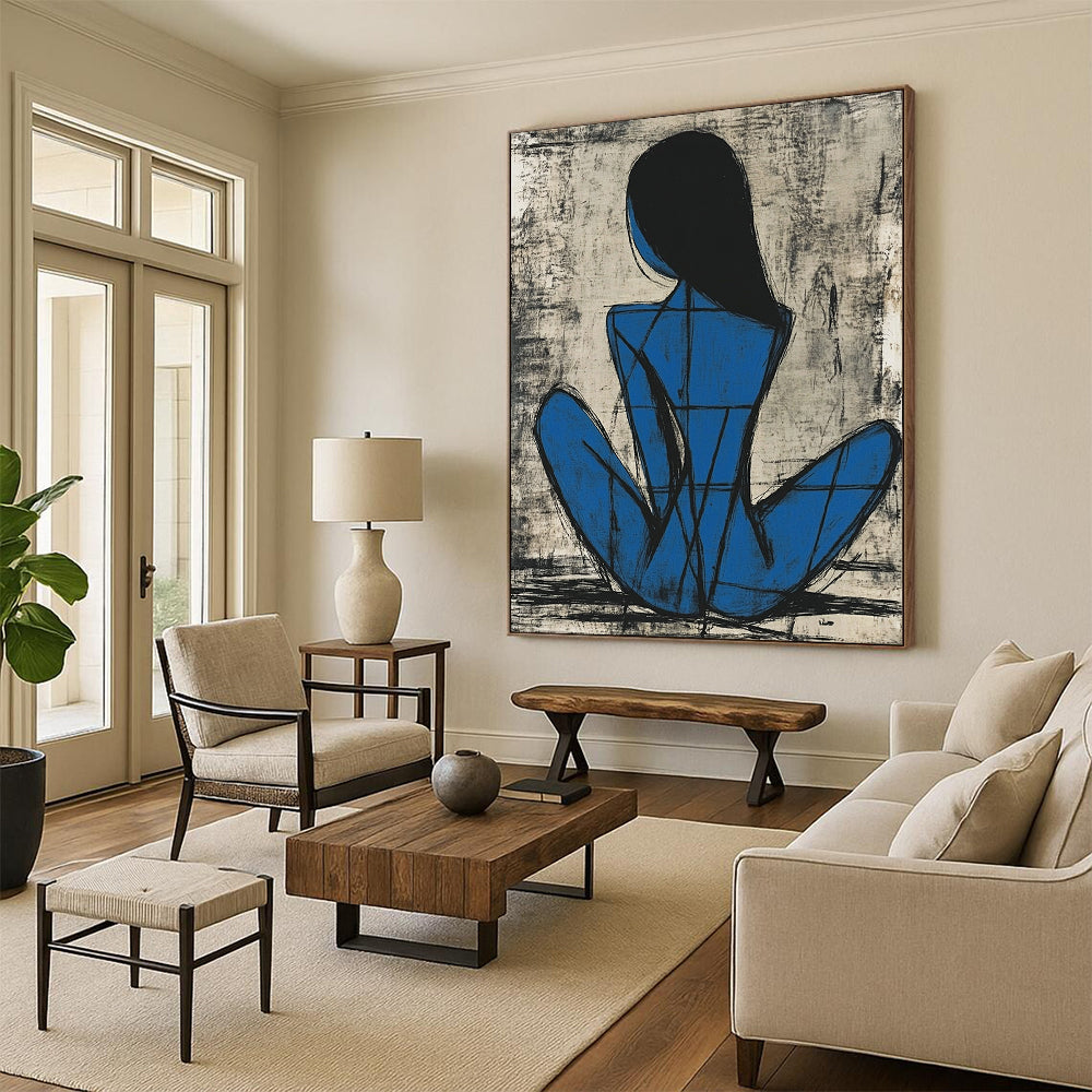 Contemporary abstract painting featuring a blue female figure in Picasso style sitting gracefully with thick lines and simple shapes on a grayish-blue background. DLZ1156