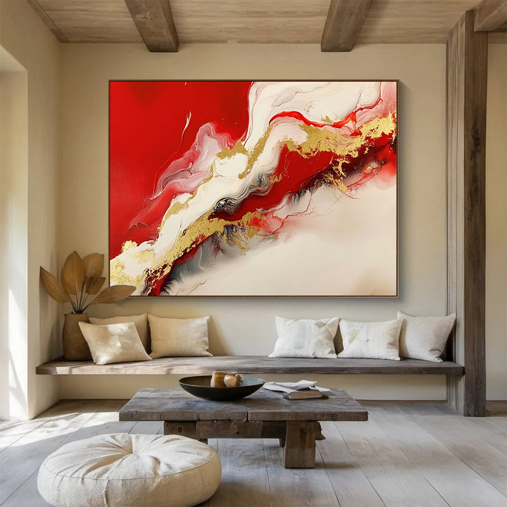 “Red White Gold Flow” - Red, White, Gold - Fluid Abstract Swirls - Resin Painting HB1299