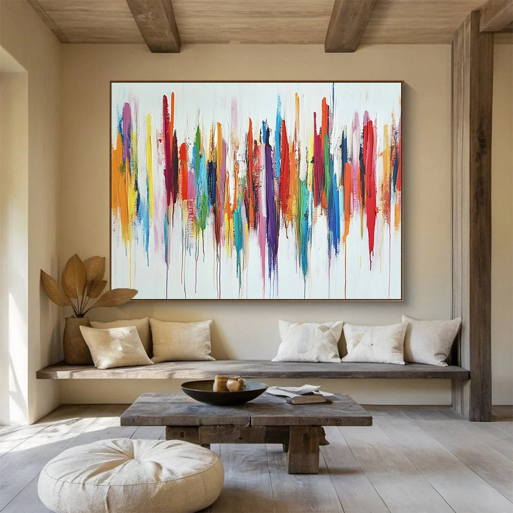 “Color Cascade” - Rainbow - like reds, oranges, yellows, greens, blues, purples; Vertical, dripping color strokes; Abstract Expressionist Painting On Canvas HB1153