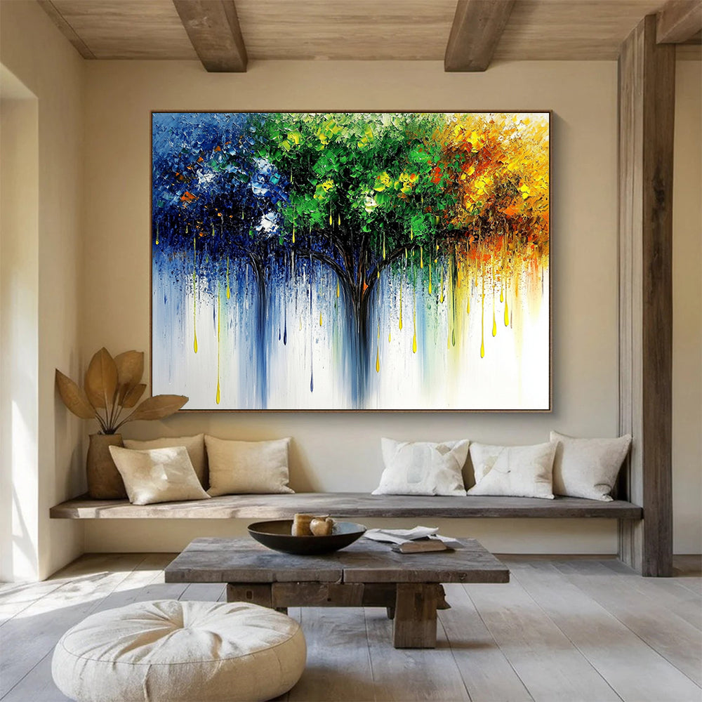 “Colorful Dripping Tree” - Blue, Green, Yellow, Orange - Impasto Dripping Tree - Oil Painting HB1329