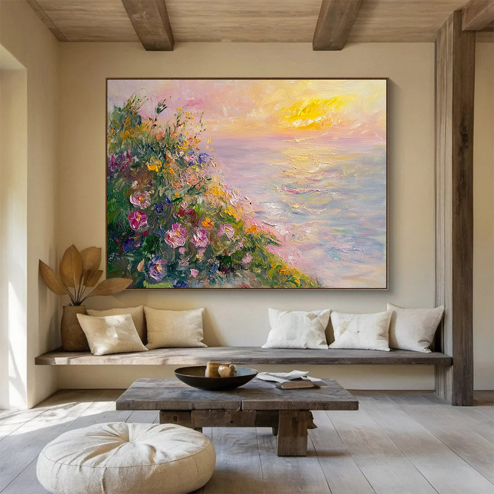 “Seaside Floral Sunset” - Pink, Yellow, Floral & Sea Oil Painting On Canvas HB0716