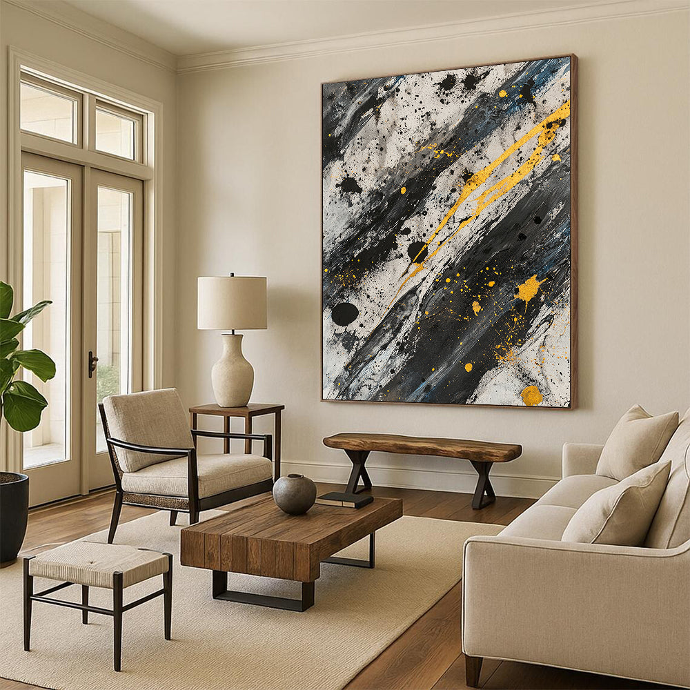 Black, White, Gray and Gold Splatter "Gilded Chaos" Painting On Canvas HB305