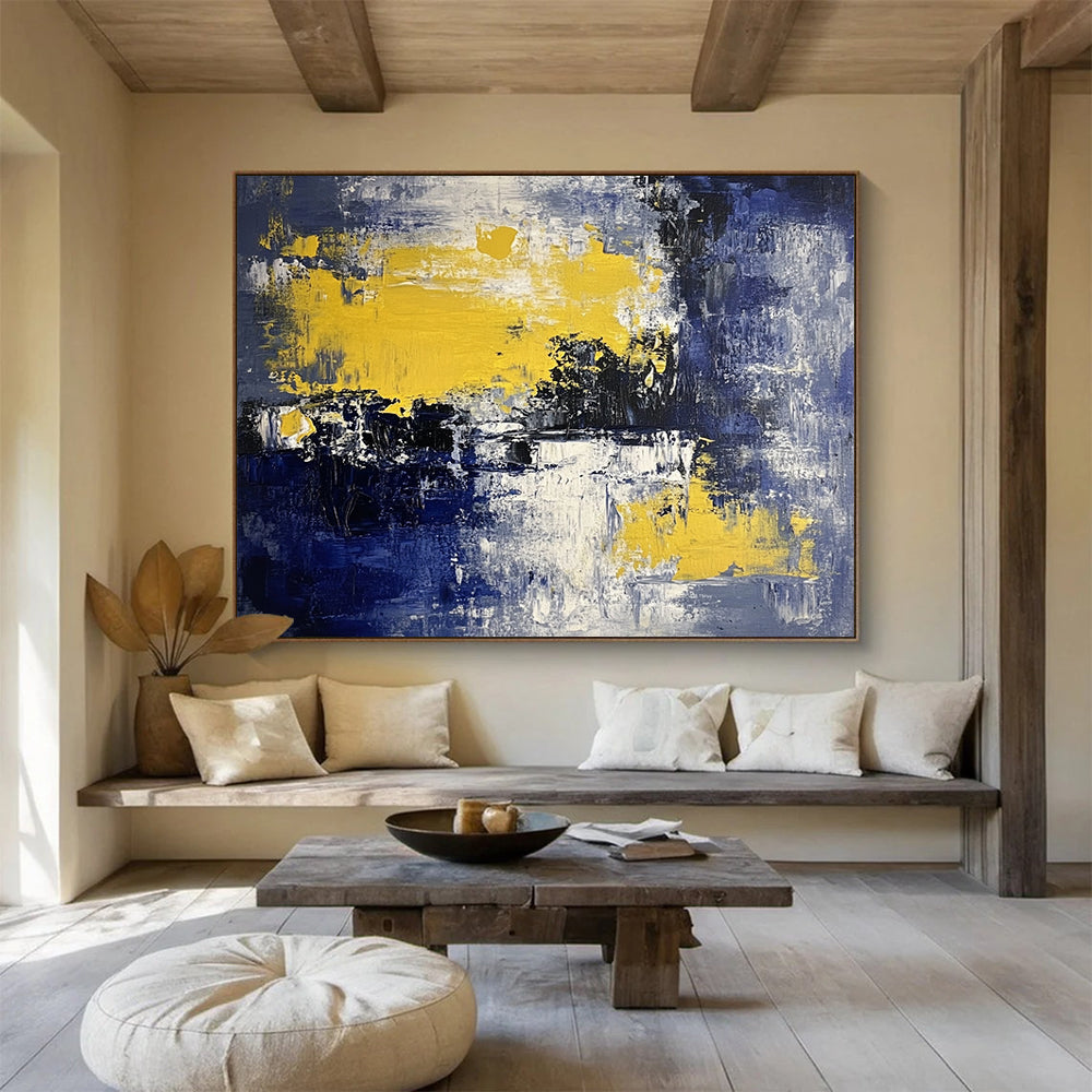 “Blue, Yellow, and White Abstract Landscape” - Blue, yellow, white, black; Abstract landscape with color blocks; Acrylic Painting On Canvas HB1222