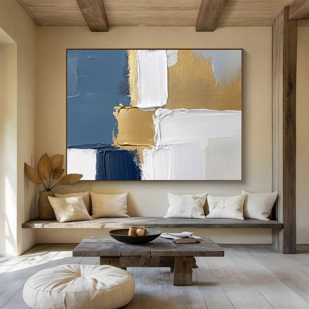 Blue, White, and Gold Geometric Abstract - Modernist Painting On Canvas HB0501