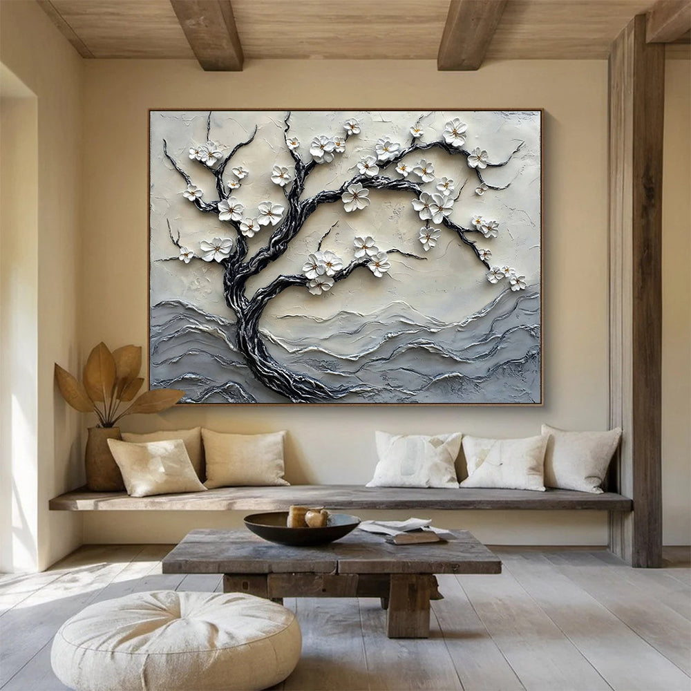 “White Blossom Tree Relief” - Whites, Grays, Textured Tree with Blossoms - 3D Relief Sculpture Painting HB1740