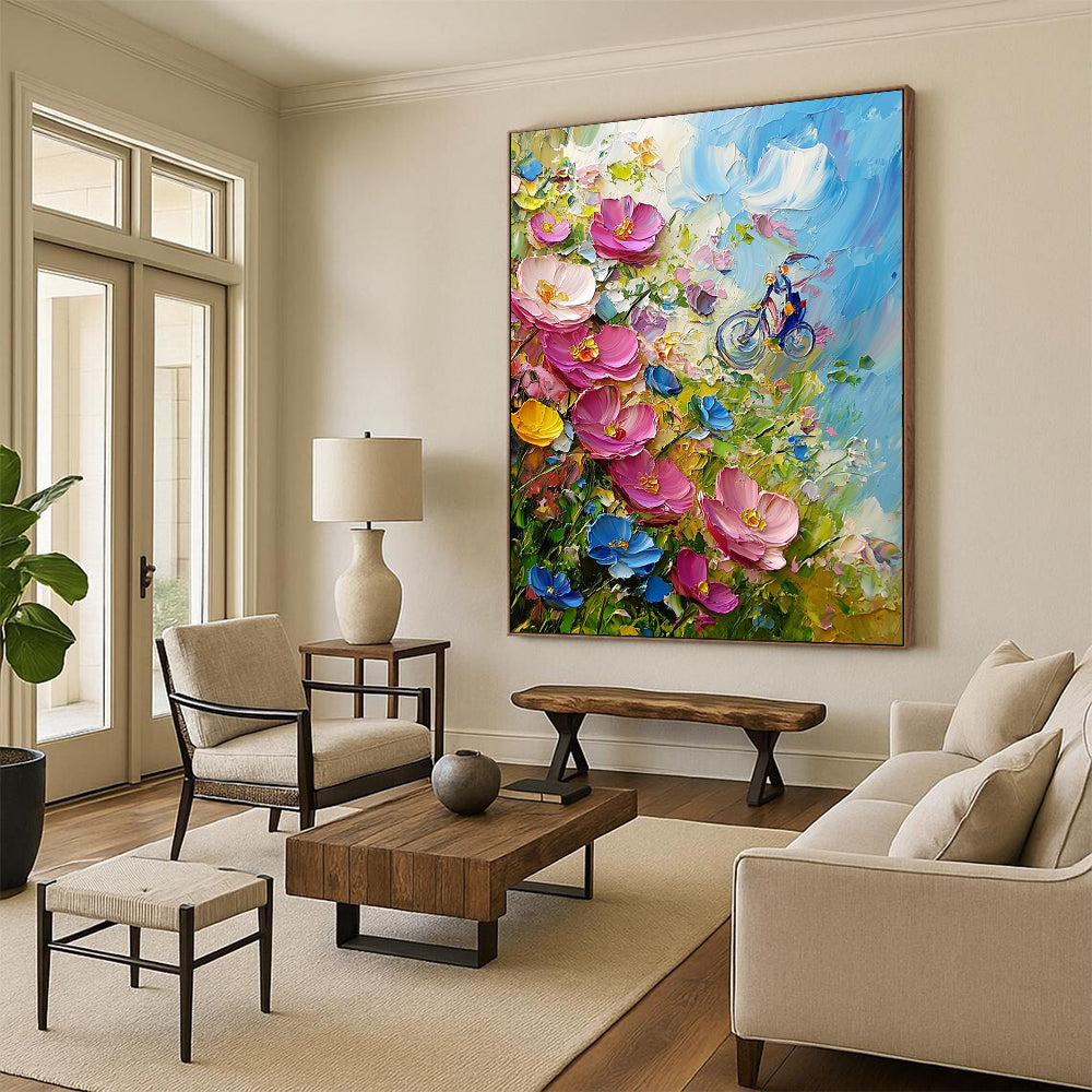 Contemporary hand-painted abstract art features vibrant pink and blue wildflowers, created using a palette knife in an expressive Impressionist style. DLZ1259