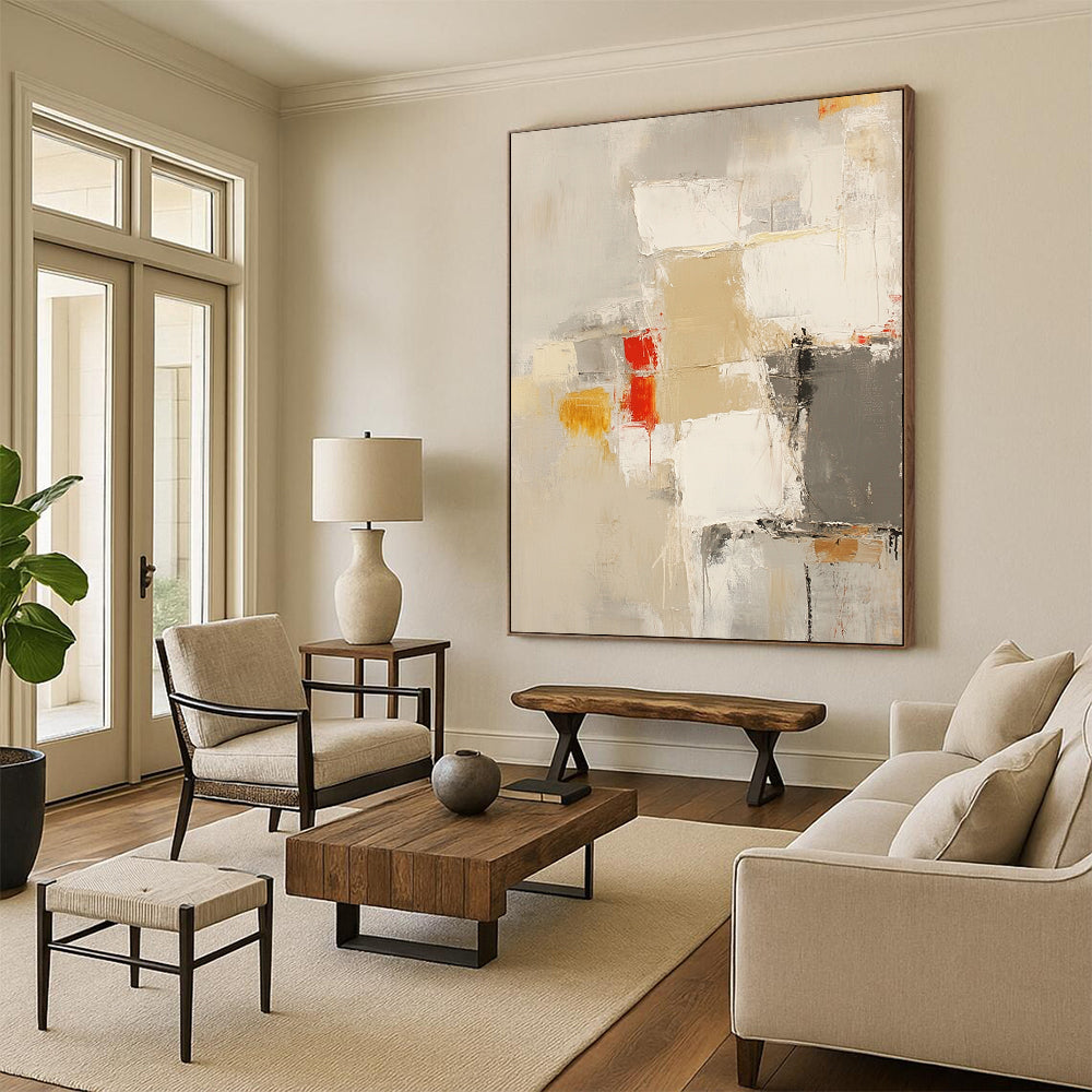 Contemporary abstract painting in neutral beige and gray tones with bold strokes and accents of yellow and red for a striking visual impact. DLZ0756