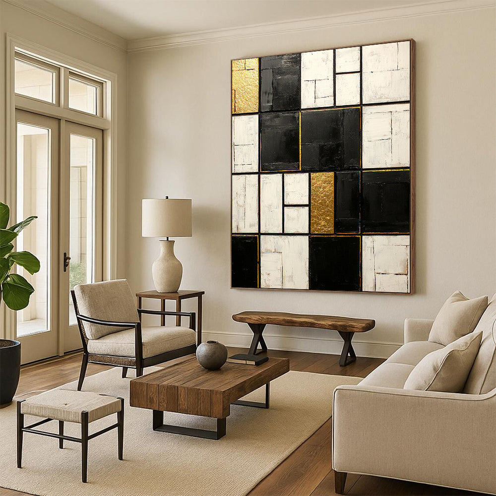 Black, White, Gold, Patchwork Squares "Gilded Mosaic" Abstract Neo - Platicist Painting On Canvas HB147