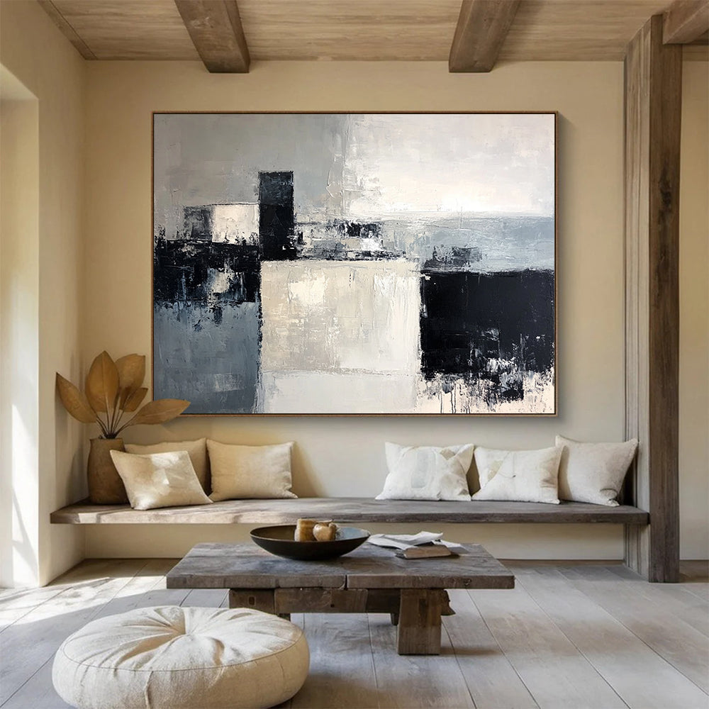 “Geometric Abstract in Gray and Black” - Gray, black, white; Geometric shapes in gray, black, and white; Textured Acrylic Painting On Canvas HB1204