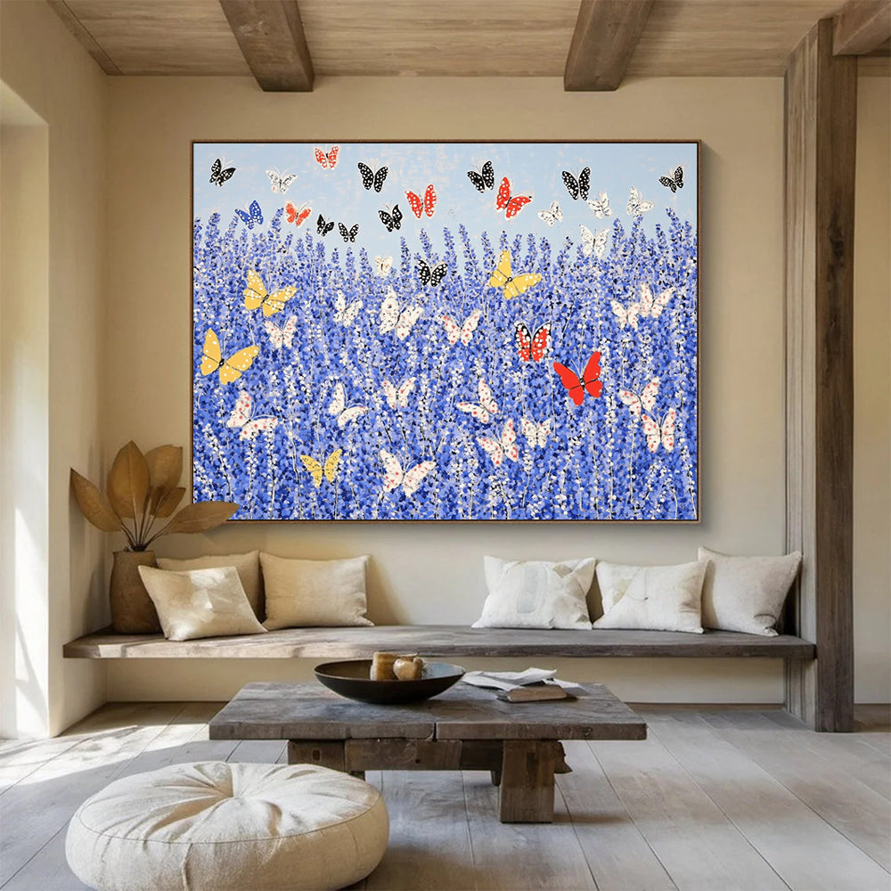 “Butterflies in Blue Field” - Blue, Yellow, Red, Nature Scene with Butterflies - Acrylic Painting HB1654
